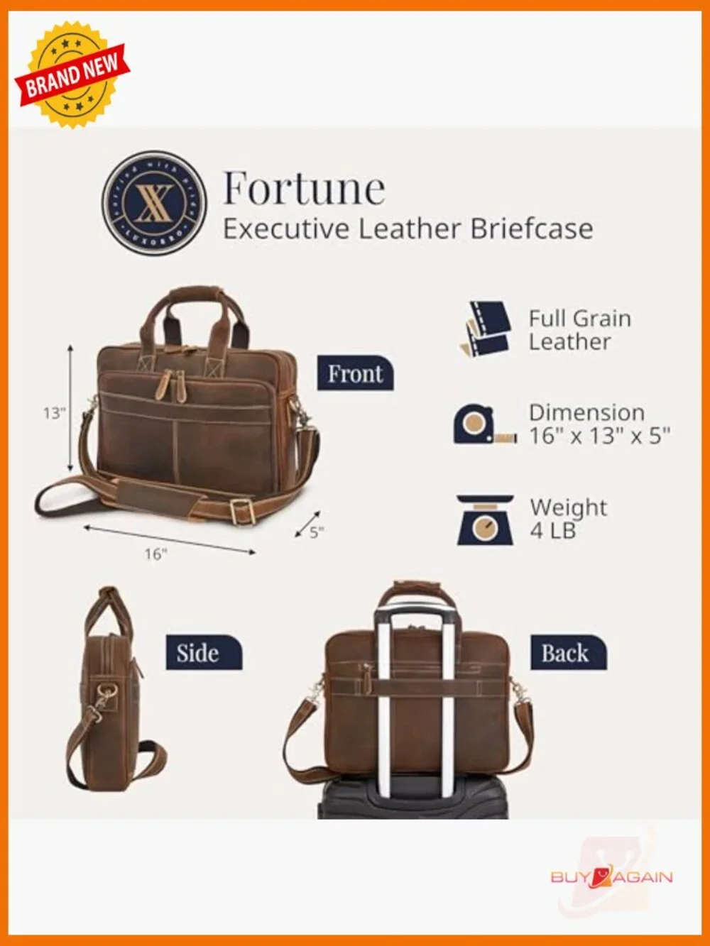 Full-Grain Leather Briefcase Laptop Bag Messenger Work